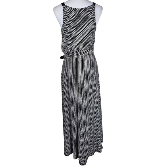 Maeve Anthropologie Black Cream Diagonal Stripe Maxi Dress XS Asymmetrical Wrap - Picture 2 of 11